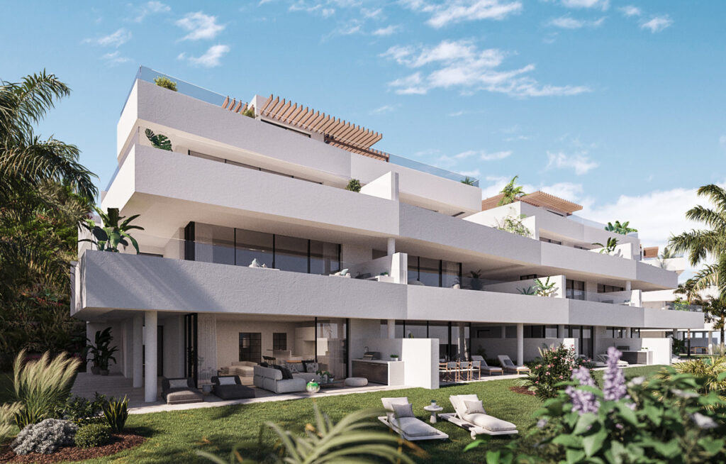 Mirador de Estepona Hills PHASE III PART – Estepona - hvid moderne facade med terrasser, have og liggestole