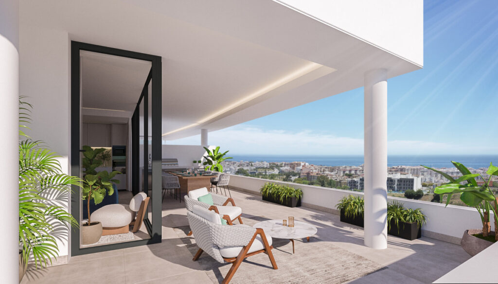 Mirador de Estepona Hills PHASE III PART – Estepona - luksuriøs terrasse med loungemøbler, delvis skygge og panoramaudsigt over havet