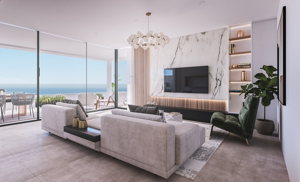 Mirador de Estepona Hills PHASE III PART – Estepona - lyst åbent stueplan med marmor-TV-væg og havudsigt