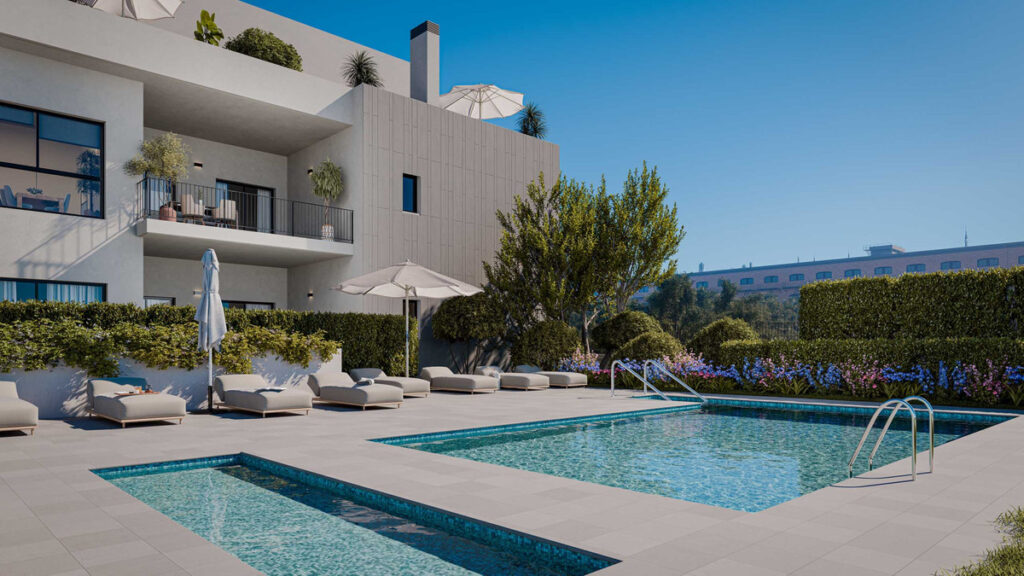 Olivara Living FASE II – Alhaurín de la Torre - outdoor swimming pool, sun loungers and landscaped garden of luxury new-build development