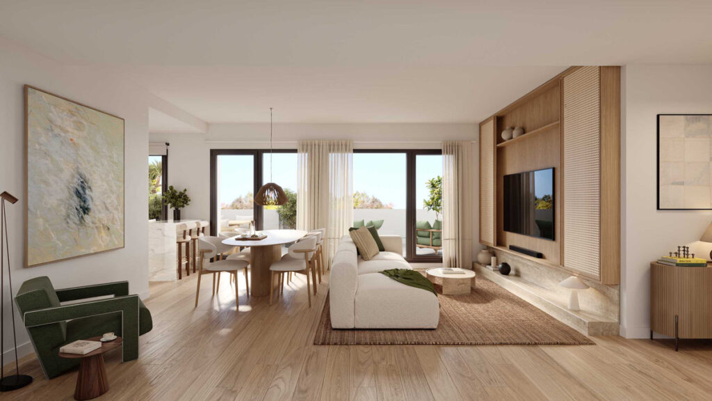 Olivara Living FASE II – Alhaurín de la Torre - bright open-plan living and dining room with wooden built-in TV unit and floor-to-ceiling windows