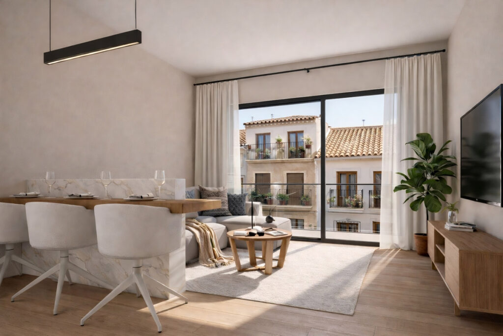 San Salvador 31 – Fuengirola - lyst åbent stue- og spiseområde med store skydevægsdøre og balkonudsigt over den gamle bydel