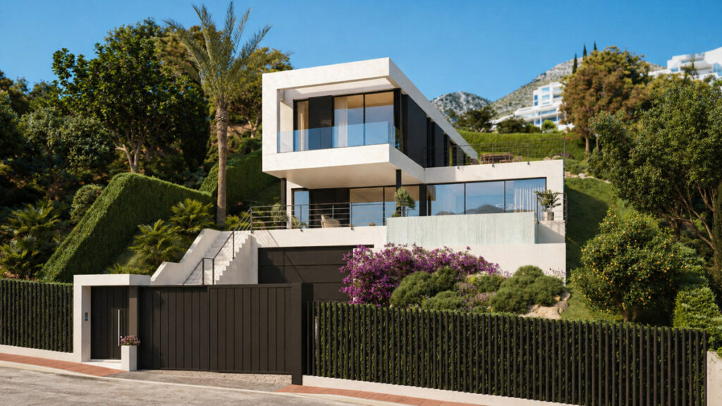 Stupa – Villa Fo Guang Shan – Benalmadena - modern white cubic exterior facade with dark fencing, lush hillside gardens and mountain backdrop