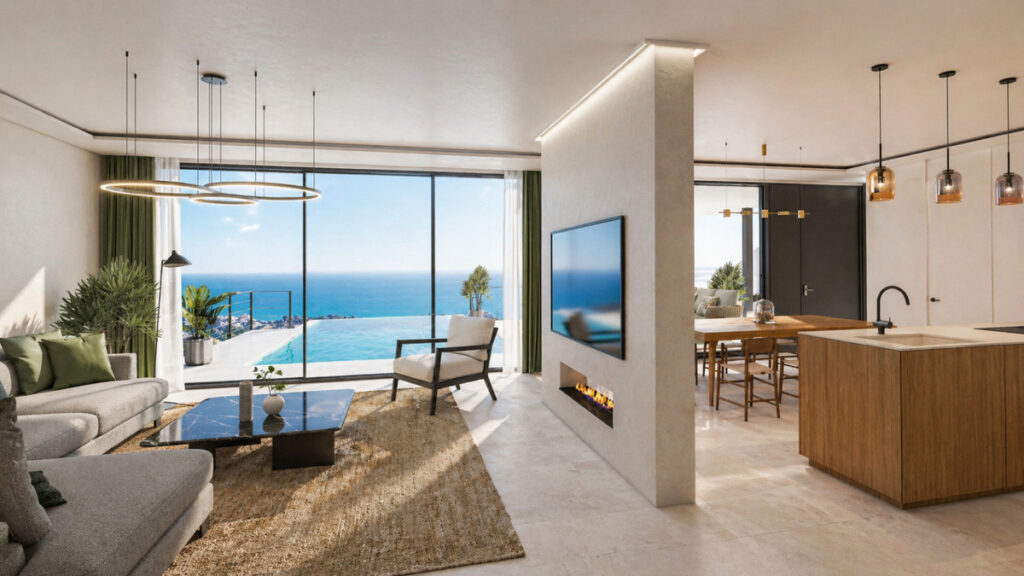 Stupa – Villa Fo Guang Shan – Benalmadena - open-plan living room with sea views, fireplace, and kitchen island