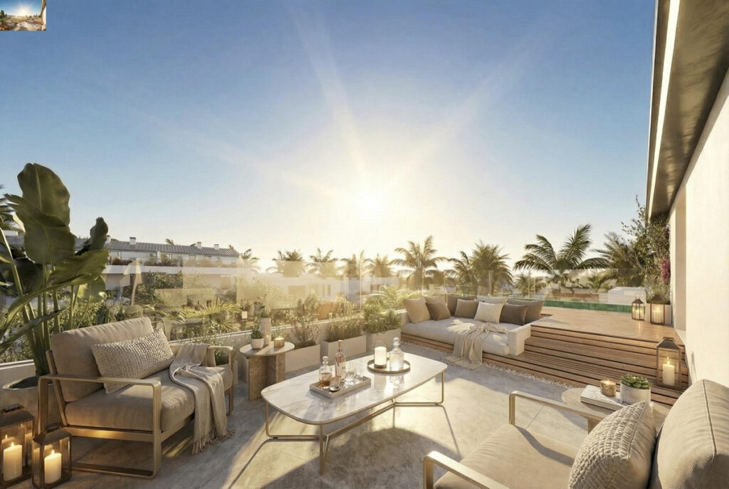 The Grove – Marbella - luksuriøs terrasse med loungemøbler, marmorbord og solnedgang blandt palmetræer