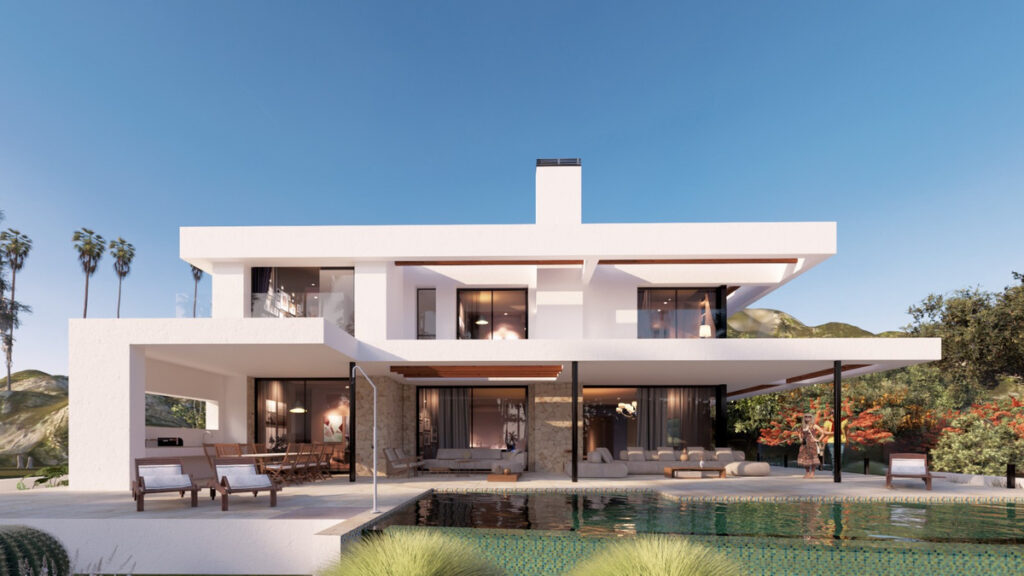 Villa 22 – El Chaparral Bespoke Villa' – Mijas - moderne hvid facade med infinity-pool, terrasser og bjergbaggrund