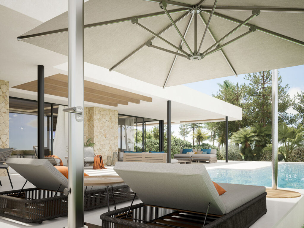 Villa 22 – El Chaparral Bespoke Villa' – Mijas - luksuriøs poolterasse med liggestole og stor udragsparasol