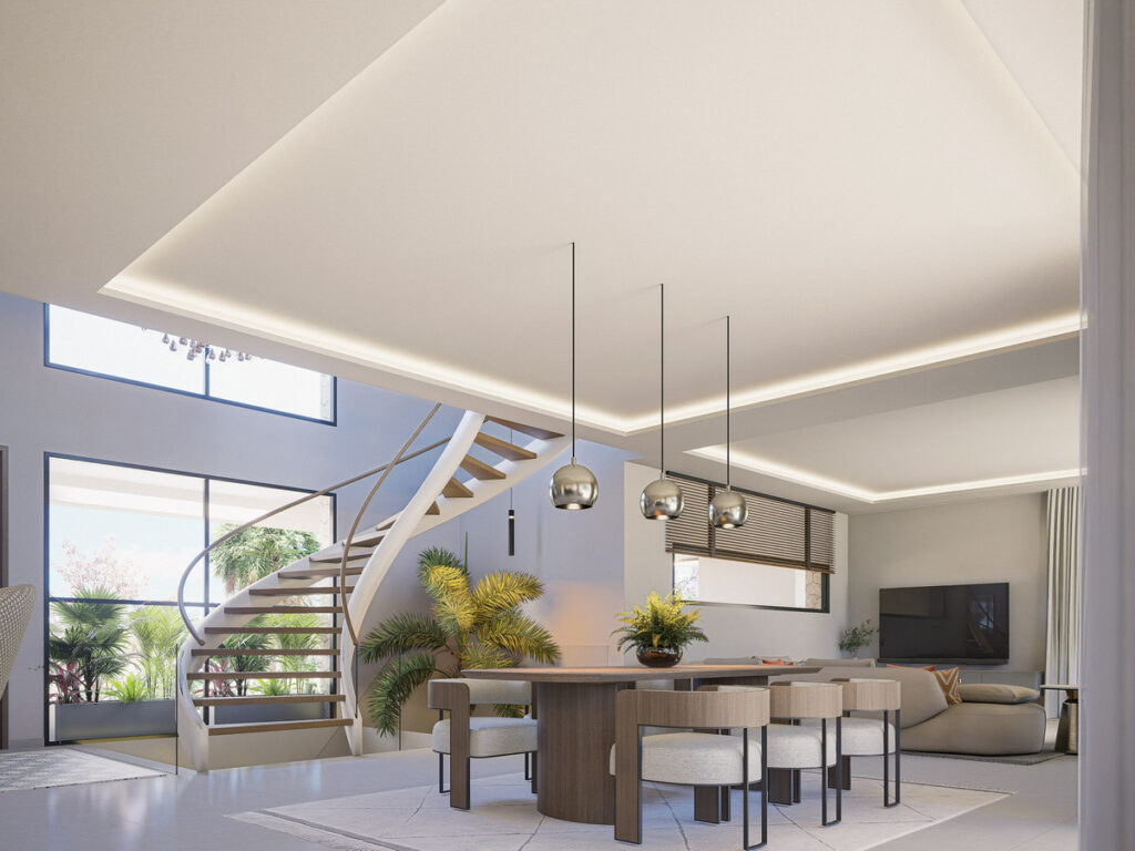 Villa 22 – El Chaparral Bespoke Villa' – Mijas - åben spise- og opholdsstue med spiraltrappe og pendellys