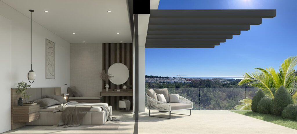 VILLA ALHAMA Cortesín – Casares – Hauptschlafzimmer mit Zugang zur schattigen Terrasse und Panoramablick auf Meer und Hügel