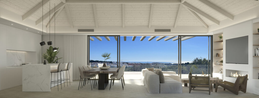 VILLA ALHAMA Cortesín – Casares – Offener Wohn-, Ess- und Küchenbereich mit Gewölbedecke und Panoramablick aufs Meer