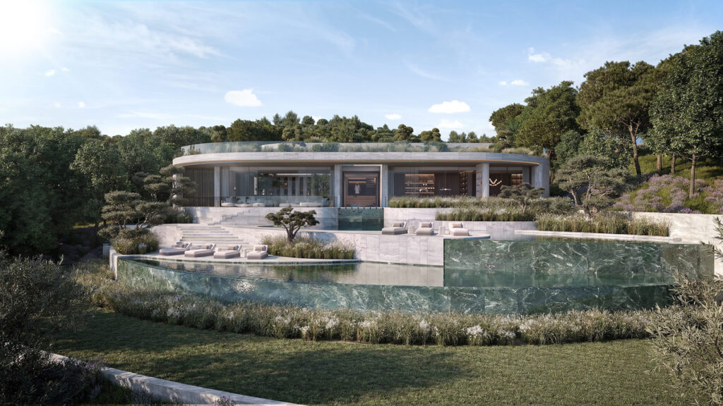 VILLA DUNE – The Fifteen – Sotogrande - geschwungene Luxusvilla mit marmorumrandetem Infinity-Pool, Terrassengärten und Waldkulisse