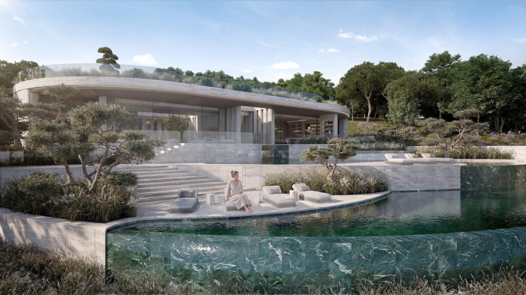 VILLA DUNE – The Fifteen – Sotogrande - zeitgenössische Villenfassade mit grünem Marmorpool, Terrassengärten und Liegestühlen