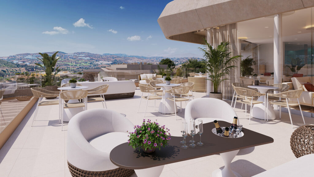 VISSION HILLS II – ADOSADO – La Cala de Mijas - tagterrasse med panoramaudsigt over bakkerne, elegant udendørs loungeområde og champagneservice