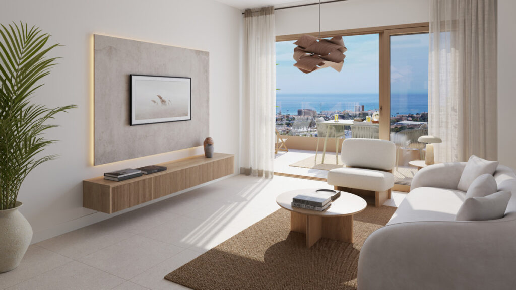 VISSION HILLS II – La Cala de Mijas - bright living room with sea views, floating wood TV unit and white sofas