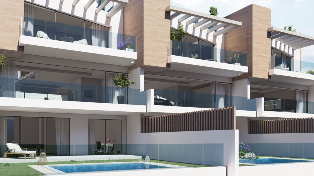 Vista Linda Luxury Villas – Fuengirola – moderne fasade med privat basseng, glassbalkonger og trepergola