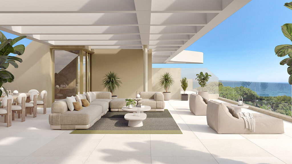 Arosa - Mijas - spacious covered terrace with modular sofas, dining area, potted plants and panoramic sea views