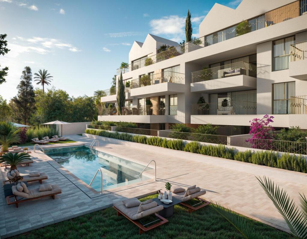 Art Marine – La Carihuela – Luxuriöser Außenpool und gestalteter Garten mit modernem weißem Apartmentgebäude und Balkonen