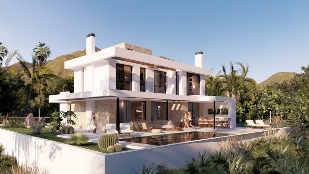 El Chaparral Bespoke Villa's - Mijas - modern white two-storey villa exterior with pool, terrace, and lush garden