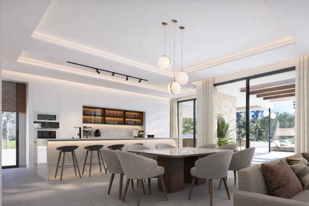 El Chaparral Bespoke Villa's - Mijas - open-plan kitchen and dining area with pendant lights and terrace views