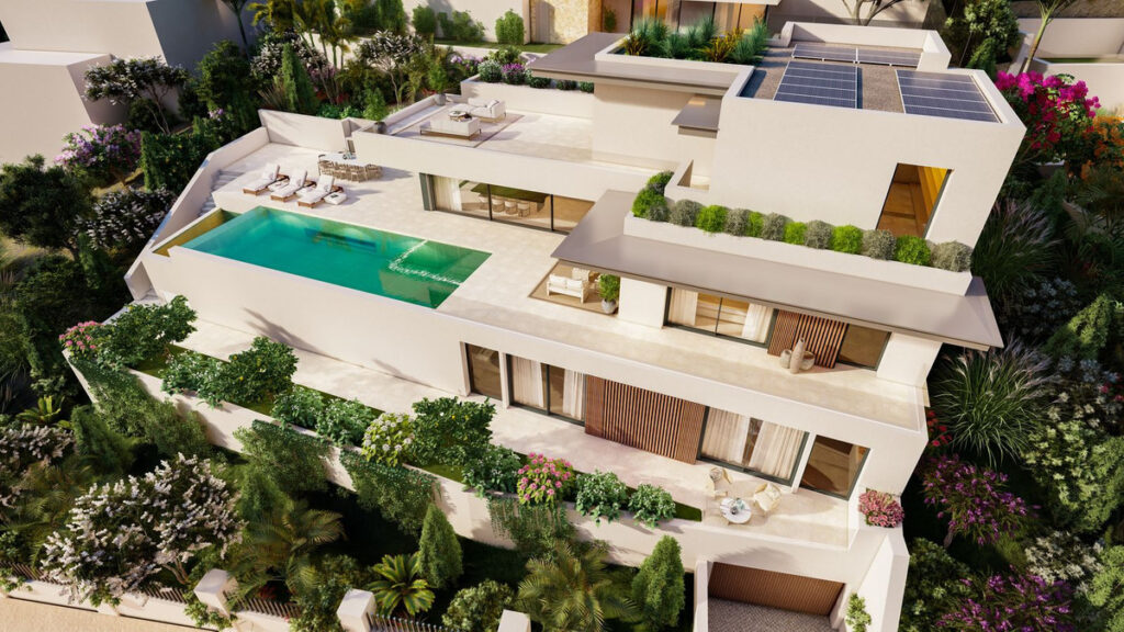 SOLARA I – Altos de los Monteros - luftfoto av luksusvilla med takterrasse, uendelighetsbasseng, solcellepaneler og frodig hage