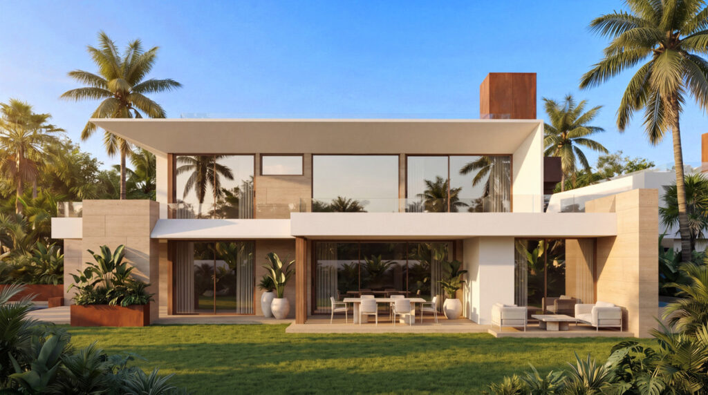 Sotomar by the Sea – Cortijo Blanco - moderne toetasjes villa med gulv-til-tak glass, overdekket terrasse og tropisk hage
