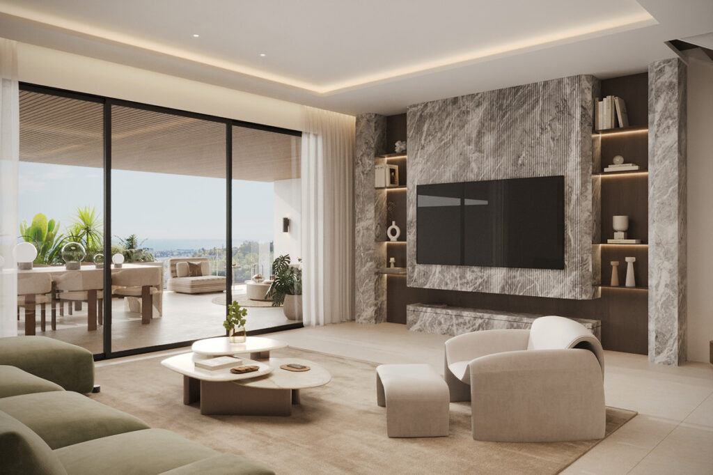 Almina Residences – Estepona - luxury living room with marble feature wall, built-in shelving, and terrace access with sea views