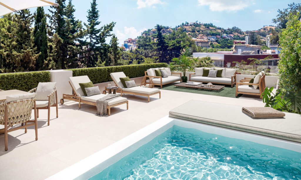 Miramar 34 – Málaga Este - luxury rooftop terrace with private pool, sun loungers and lounge seating overlooking green hillside