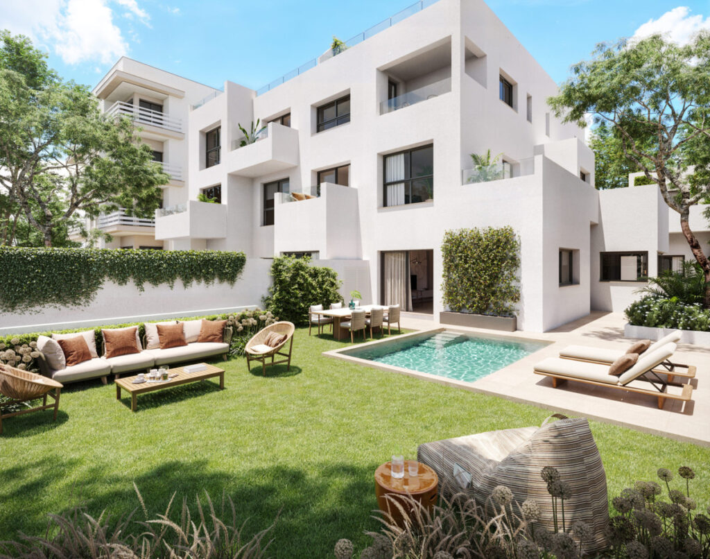 Miramar 34 – Málaga Este - white modern exterior with private pool, lawn and outdoor lounge area