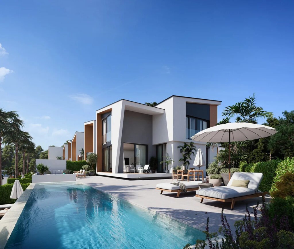 PINE VALLEY VILLAS FASE III – Mijas - modern white villa exterior with private pool, sun loungers and lush garden