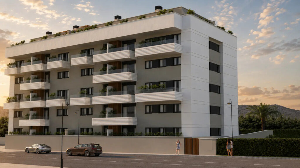 Residencial Serena – Mijas - modern white residential building exterior with balconies and rooftop greenery at sunset, Costa del Sol
