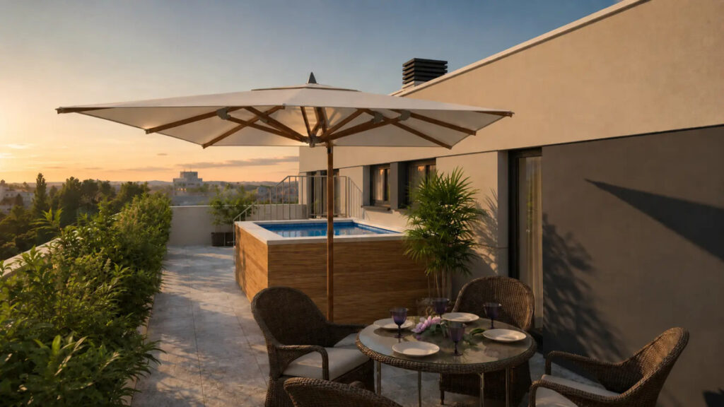 Residencial Serena – Mijas - rooftop terrace with plunge pool, dining area and panoramic sunset views over Málaga