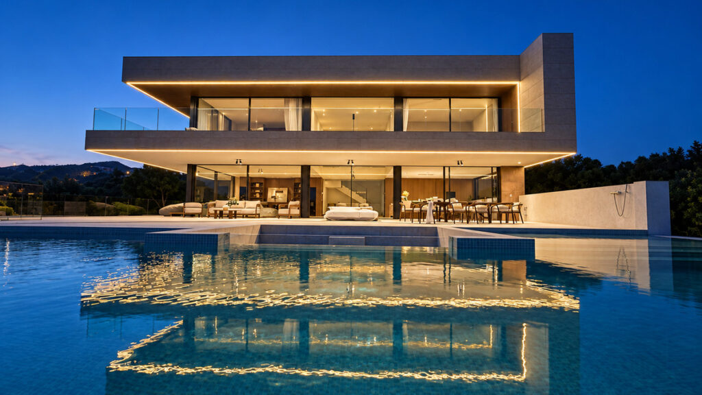 THE PRIVILEGE VILLA A4 – Benahavís - illuminated modern exterior with infinity pool at dusk, open-plan living and dining areas visible