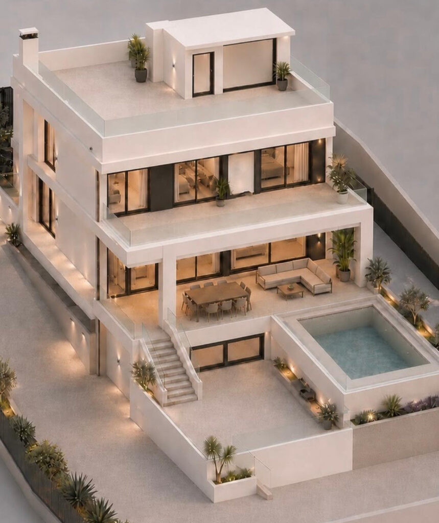 Villa en Benalmádena – Benalmadena - aerial view of white modern three-storey villa with pool, terraces and outdoor dining area in Málaga
