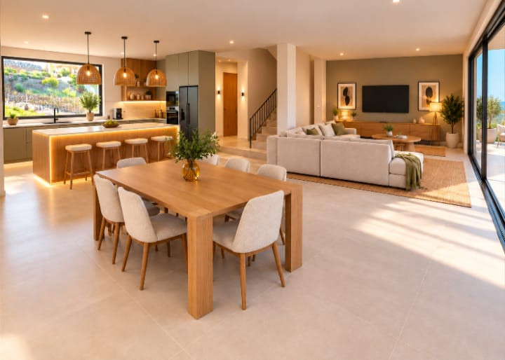 Villa en Benalmádena – Benalmadena - open-plan dining, kitchen and living area with warm wood tones and large terrace doors