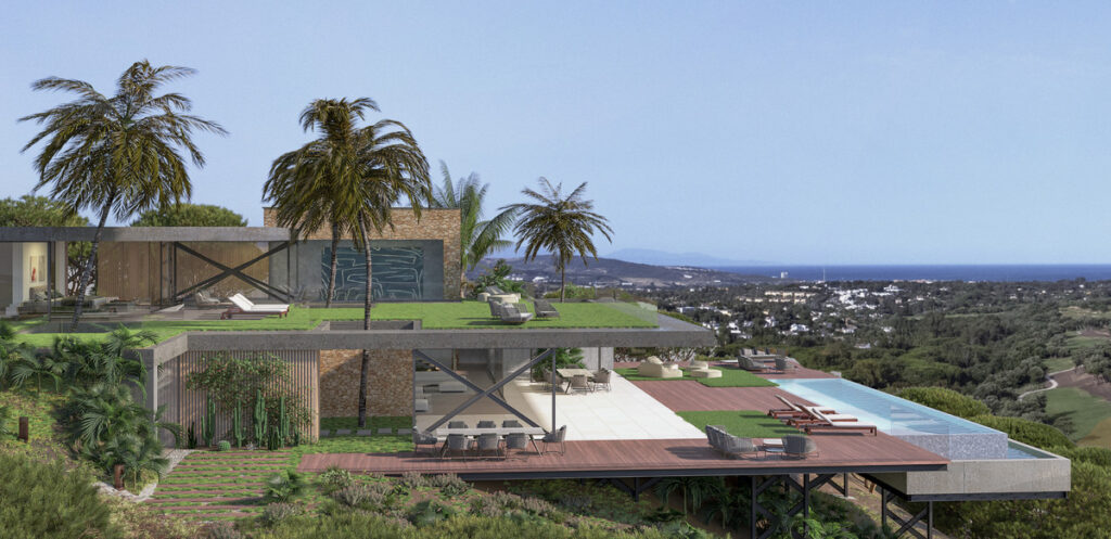 Villa Tierra Almenara Golf – San Roque - luxury exterior with infinity pool, terraces, palm trees and panoramic coastal views