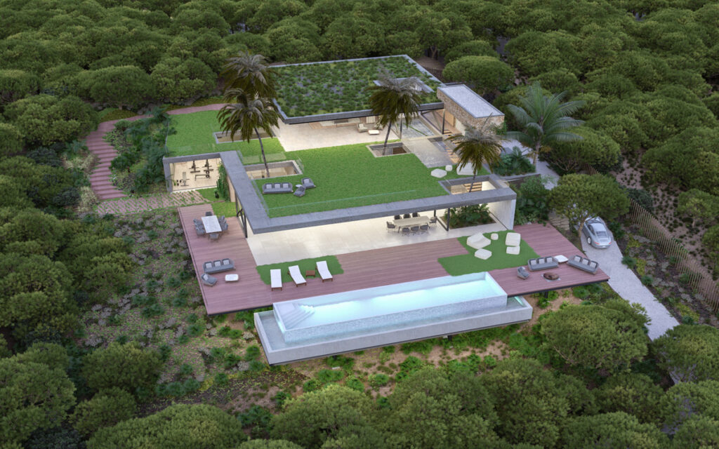 Villa Tierra Almenara Golf – San Roque - aerial view of luxury villa with green roof, infinity pool, wood deck and lush forest surroundings