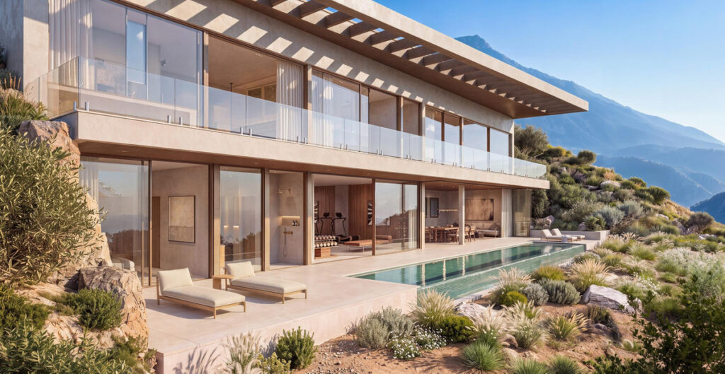 Vitae Villas C10 – Benahavís - exterior facade with infinity pool, sun loungers and mountain backdrop