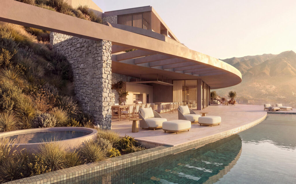 Vitae Villas C8 – Benahavís - curved infinity pool, terrace with white lounge chairs, stone columns and mountain views