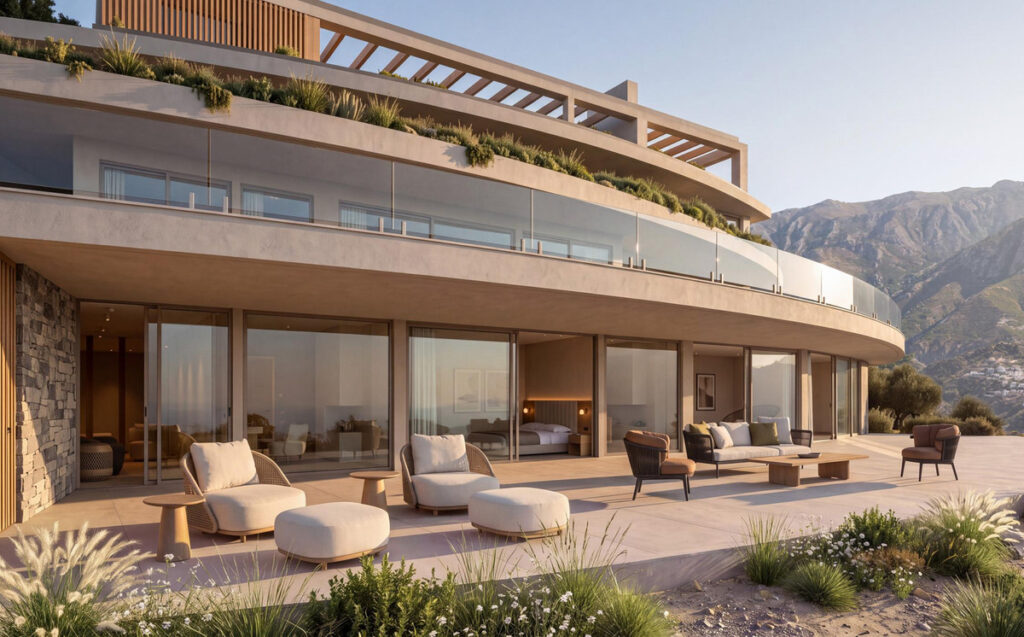 Vitae Villas C8 – Benahavís - curved terraced exterior with outdoor lounge seating and mountain backdrop